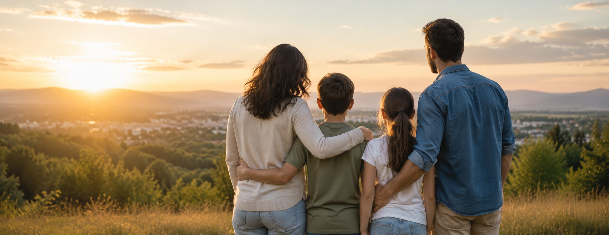 Famiglie con bambini su un cammino luminoso verso il futuro