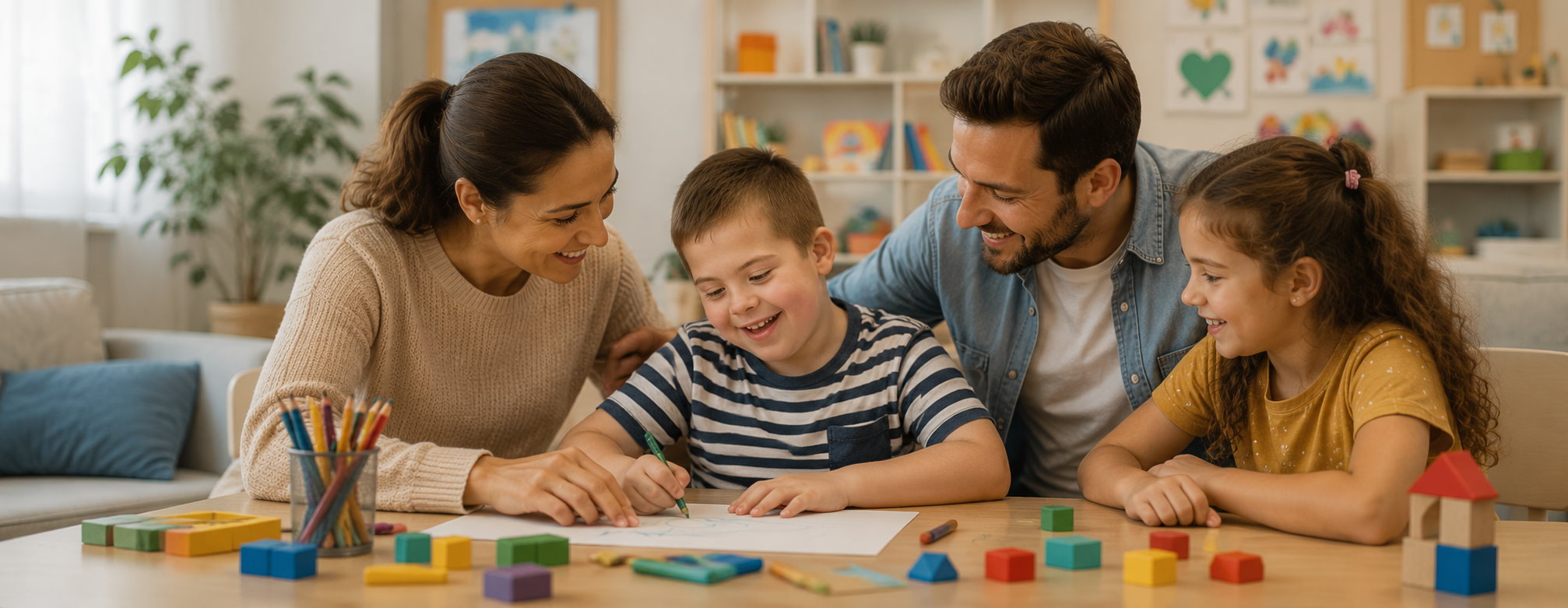 Famiglie con bambini in un paesaggio caldo e sereno dedicato all'inclusione